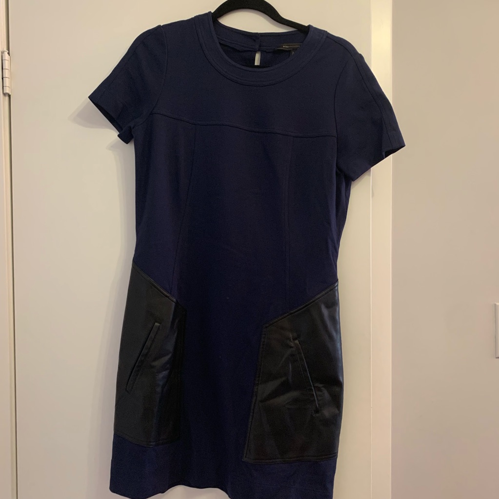 Bcbg Navy Dress With Black Leather Accents